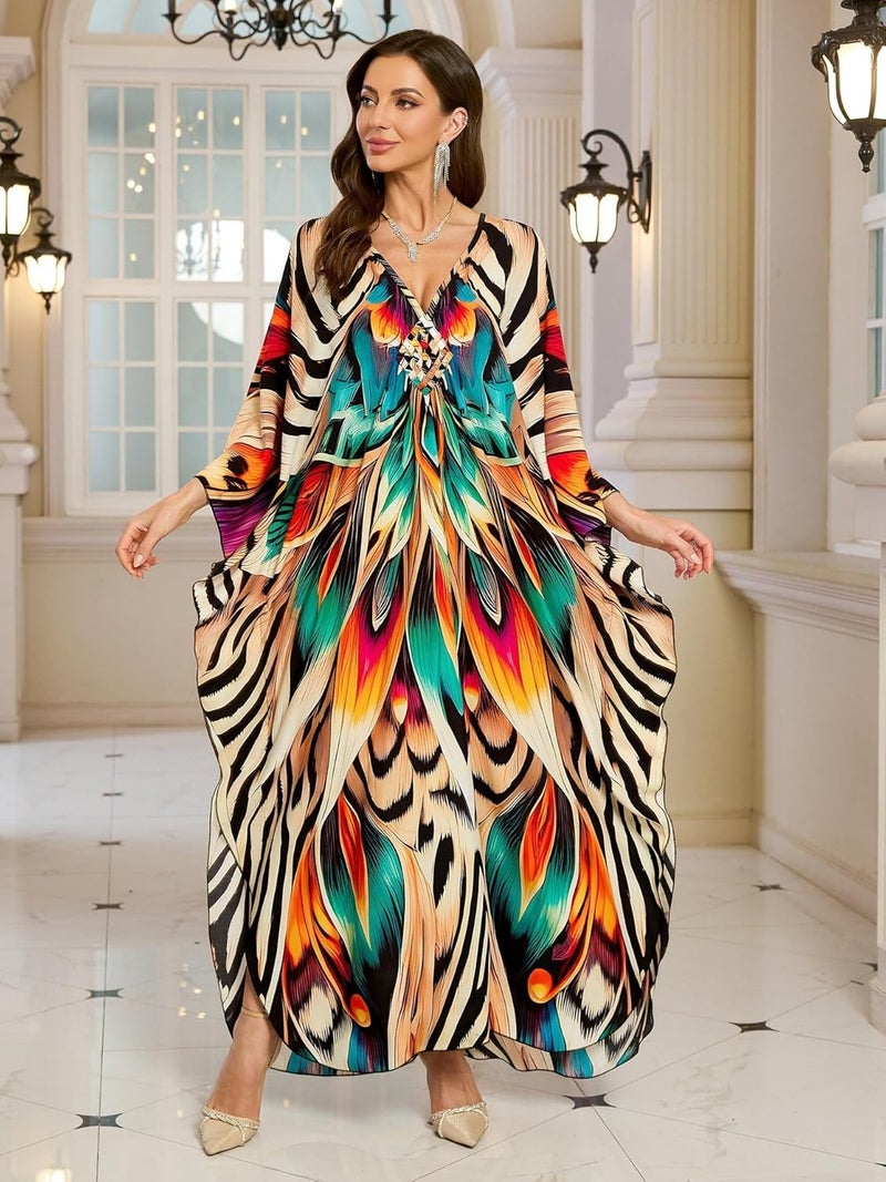 KEYLORTING Women’s Kaftan Beach Cover Up Dress Plus Size Summer Swimsuit Loungewear Maxi Dress - Image 3